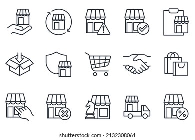 conjunto de plantillas de símbolos de elementos de compras y mercado para la colección de diseños gráficos y web ilustración vectorial