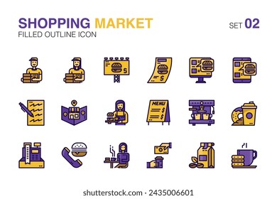 Set von Einkaufsmarkt-Icons.Store, Shop, Café, Lieferung und Online-Markt. Ausgefüllte Gliederungssymbole gesetzt02