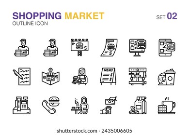 Set von Einkaufsmarkt-Icons.Store, Shop, Café, Lieferung und Online-Markt. Gliederungssymbol gesetzt02