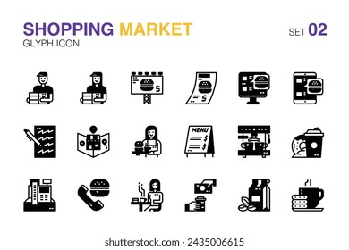 Set of shopping market icons.Store, shop, cafe, delivery and online market. Glyph icon set02