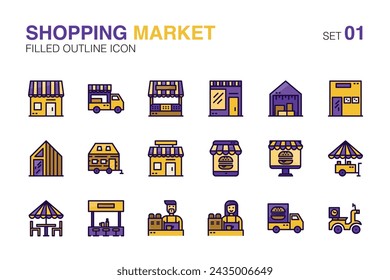 Set of shopping market icons.Store, shop, cafe, delivery and online market. Filled outline icon set01