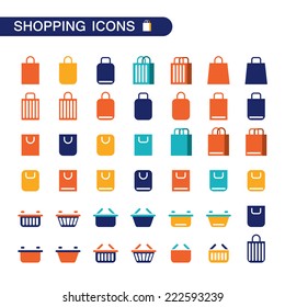 Set of shopping nag and basket icons for web. Shop online, buy and sell concept. Vector illustration.