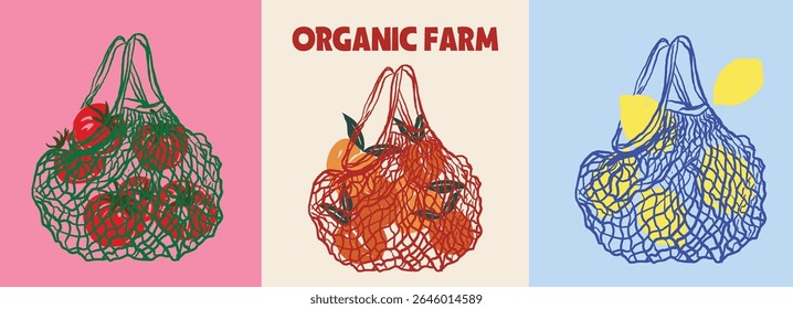 Set of shopping net bags with various products. Zero waste, plastic free concept. Different stuff from local market. Colored trendy vector illustration. Cartoon style. Flat design-Vector