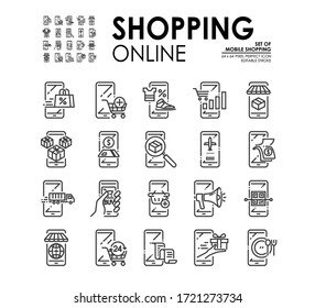 Set of Shopping Online and E-commerce icon via mobile smartphone. Such as shopping online, delivery, payment ,mobile banking, Flight booking, gift and etc. Editable Stroke, 64x64 Pixel Perfect. vector