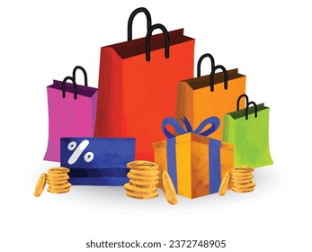 set shopping online gift box paint watercolor vector design 