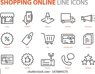 set of shopping online line icons, e-commerce, buy, pay, promotion