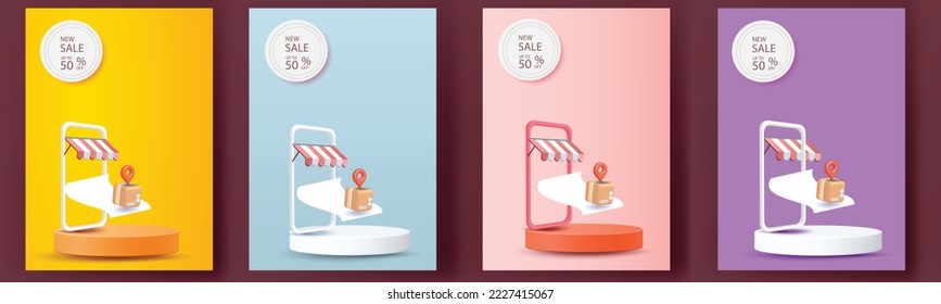 set shopping online on phone podium show concept banner 