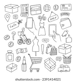 Set shopping. Online shopping symbols and icons. Doodle. Vector illustration. Hand drawn. Outline.