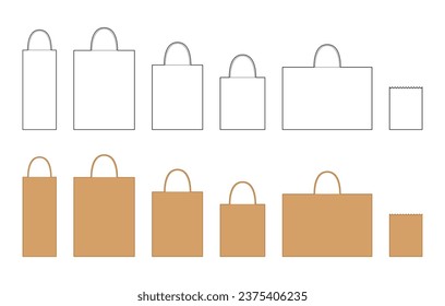 Set of Shopping Paper Bag tote silhouette. Fashion accessory technical illustration. Vector satchel front 3-4 view for Men, women, unisex style, flat handbag CAD mockup sketch outline isolated