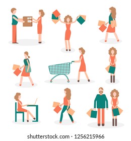 Set of shopping people. Flat icon design. 