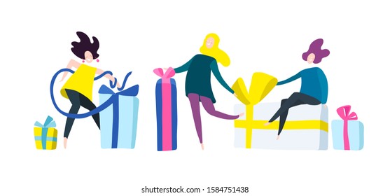 Set of shopping people vector concepts. Collection of smiling women characters with gift boxes, paper bags. Pleasure of purchase. For sales and holiday design