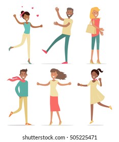 Set of shopping people vector concepts. Flat design. Collection of smiling woman and man characters expressing emotions of joy. Pleasure of purchase. Illustration for sales and discounts.