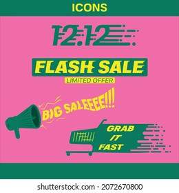 Set of shopping promotion icons with a pink background and text in dark green and yellow.