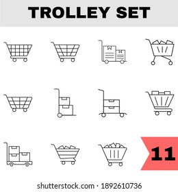 Set Of Shopping Or Push Cart Icon In Black Line Art.