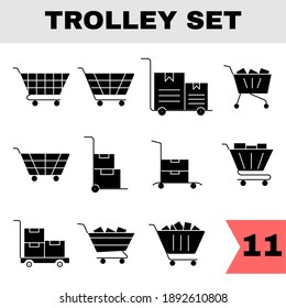 Set Of Shopping Or Push Cart Icon In Black And White Color. 