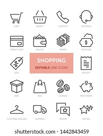 Set of Shopping related vector line icons with editable stroke. Contains icons such as Cart, Bag, Money, Voucher and more.