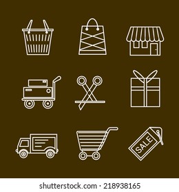 Set of shopping and retail outline vector icons. Shop shopping bag discount label basket gift shipping shopping cart and delivery 