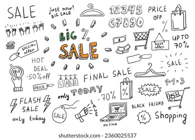 Set von Shopping-Einzelhandel und Rabatt im Doodle-Stil. Zahlen, Tags, Rahmen, Verkauf, Briefing, Promotion, Etikettenskizze. Handgezeichnet. Einzige Vektorgrafik einzeln auf weißem Hintergrund.