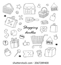 Set of shopping sketched doodles isolated on white background. Good for black friday or cyber monday icons, prints, stickers, tags, labels, decor, etc. EPS 10