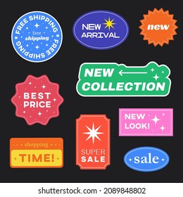 Set of Shopping Stickers Retro Design. Cool Sale label badges. Trendy Free Shipping, New Look, Big Sale, Best Price Banners Pack. Vector Illustration.