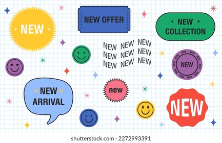 Set of shopping stickers retro design. Cute promotion label badges. Trendy new offer, new collection, new arrival banners pack. Vector Illustration