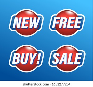 Set of shopping stickers, round red tags with text new, free, buy, sale, vector illustration