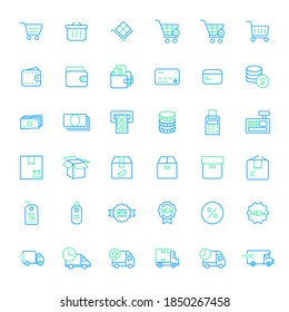 Set of shopping and store colored line style Icons. Contains such Icons as e-commerce, box, cart, sale, shop, basket, retail, delivery, gift And Other Elements. 