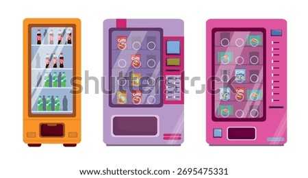 Set of shopping store vending machines in cartoon style. Vector illustration of vending machines with various tasty grocery products: sodas, chips packs, snacks isolated on white background.