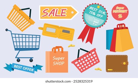 Set of shopping symbols in cartoon style.Vector illustration of elements: baskets, cart, purse, money,shopping bags,isolated on light background.Inscriptions:sale,super discount,best offer,super shop.