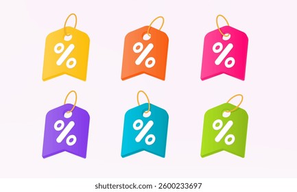 Set of shopping tag price 3D vector icon Yellow Orange Pink Purple Blue Green floating on pastel background. Percentage discount coupon promotion sale product online marketing. illustration