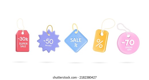 Set Of Shopping Tags In 3d Style, Discount Coupon Of Cash For Future Use. Special Commercial Bonuses. Vector Icon Isolated Template