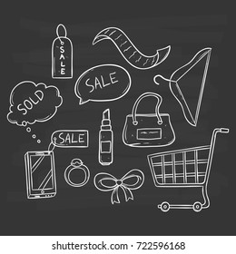 set of shopping time and sale time icons with hand drawn or doodle art on chalkboard background