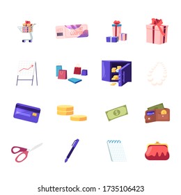 Set Shopping Trolley with Gift Box, Discount Coupon and Presents, Data Analysis Graph, Paper bags and Safe with Money, Purse with Credit Card, Bills and Coins, Stationery. Cartoon Vector Illustration