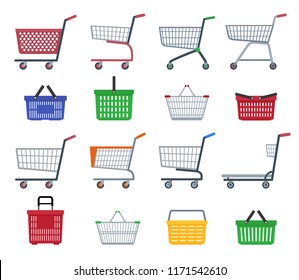 Set of shopping trolleys and shopping baskets. Isolated on white background. Flat vector illustration.