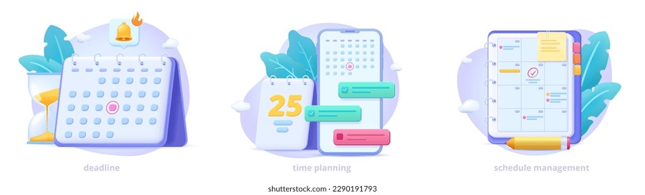 Set of shopping vector 3d illustrations: schedule and task management, time planning, calendar application with floral elements. Three dimensional icons for web site, landing page, banner.  svg