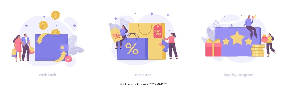 Set of shopping vector flat illustrations: Cash back, Discount and Loyalty program with floral elements and characters. Shopping icons for web site, landing page, banner. 