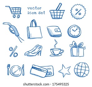 Set of shopping and voucher icons, hand drawn sketch vector illustration