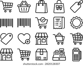 Set of shoppingrelated icons including carts bags tags receipts and store symbols isolated on transparent background