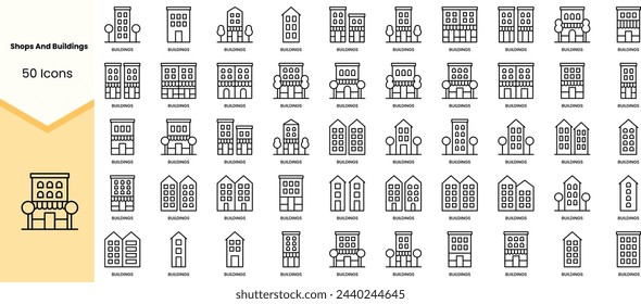 Conjunto de iconos de tiendas y edificios. Paquete de iconos de estilo de arte de línea simple. Ilustración de vector