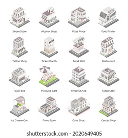 Set of Shops and Buildings Isometric Icons