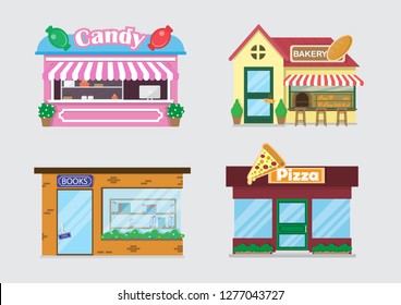 Set shops. Pizza trailer, bakery, candy store, bookstore, Flat vector illustration set.