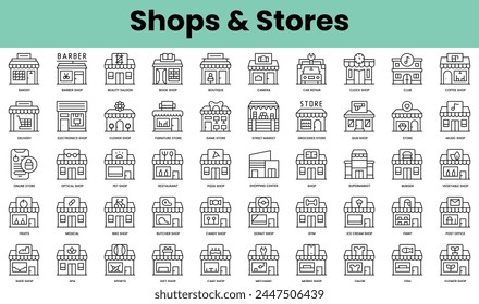 Conjunto de tiendas e iconos de tiendas. Paquete de iconos de estilo lineal. Ilustración vectorial