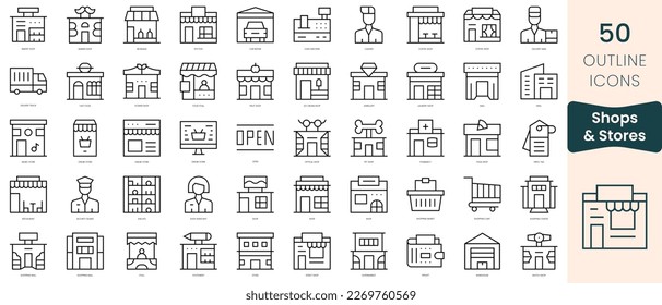 Conjunto de íconos de tiendas y tiendas. Iconos de estilo lineal delgado Empaquetar. Ilustración vectorial