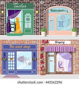 Set of shops. Tailor with dummy and sewing machine in window.Haberdashery with spool and needle sticker on window. Wool shop.Drapery shop. Vector illustration. EPS10