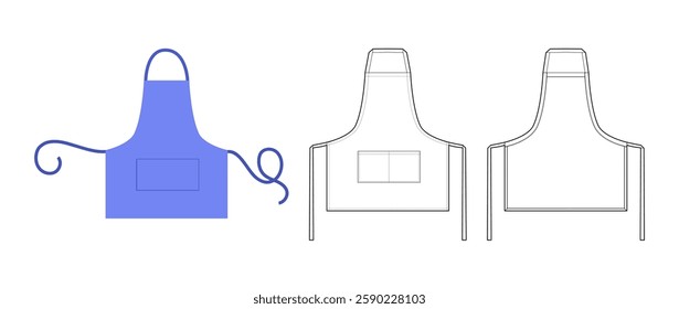 Set of Short Aprons with pocket technical fashion illustration. Chef uniform for cooking blue cartoon Flat sketch outline apparel template front, back view. Women, men CAD mockup on white background