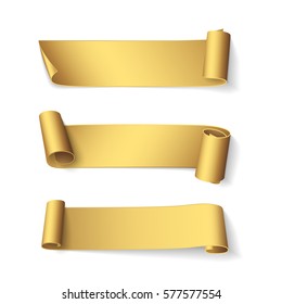 Set of short curved golden ribbons. Vector realistic elements for banners and promotional design. Isolated from the background.