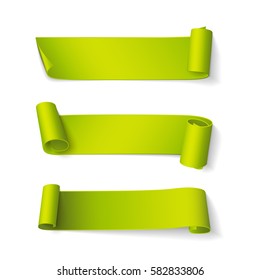 Set of short curved green ribbons. Vector realistic elements for banners and promotional flyers. Isolated from the background