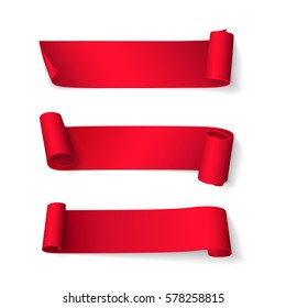 Set of short curved red ribbons. Vector realistic elements for banners and promotional design. Isolated from the background