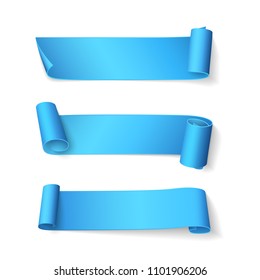 Set of short curved shiny blue ribbons. Vector realistic elements for sale banners and promotional design. Isolated from the background.
