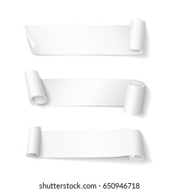 Set of short curved white ribbons. Vector realistic elements for banners and promotional design. Isolated from the background.